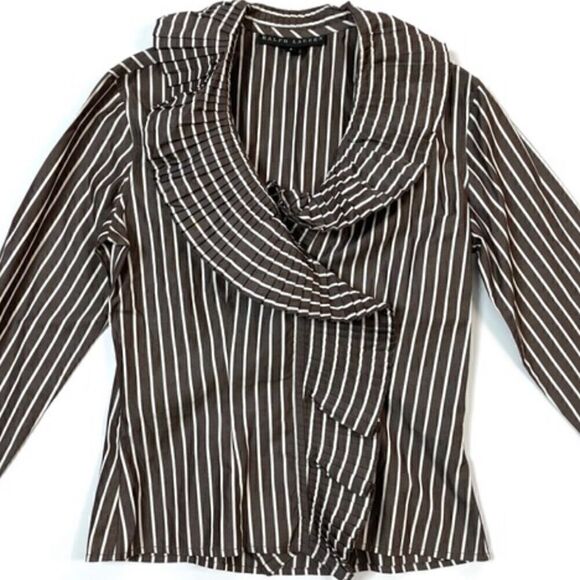 Ralph Lauren Black Label Tops - Ralph Lauren Polished Cotton Poplin Brown & White Accordion Pleat Ruffle Blouse